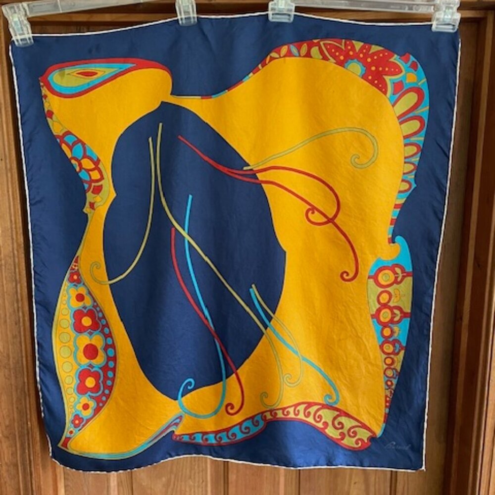 BURMEL Vintage Hand Rolled Bold Retro Print Blue Square Scarf
